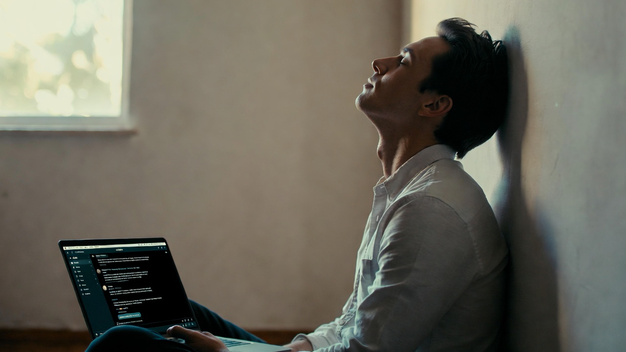 A person leaning back against a wall, eyes closed, laptop open with a chat interface on screen, warm light from a window, a moment of contemplation after a conversation with AI