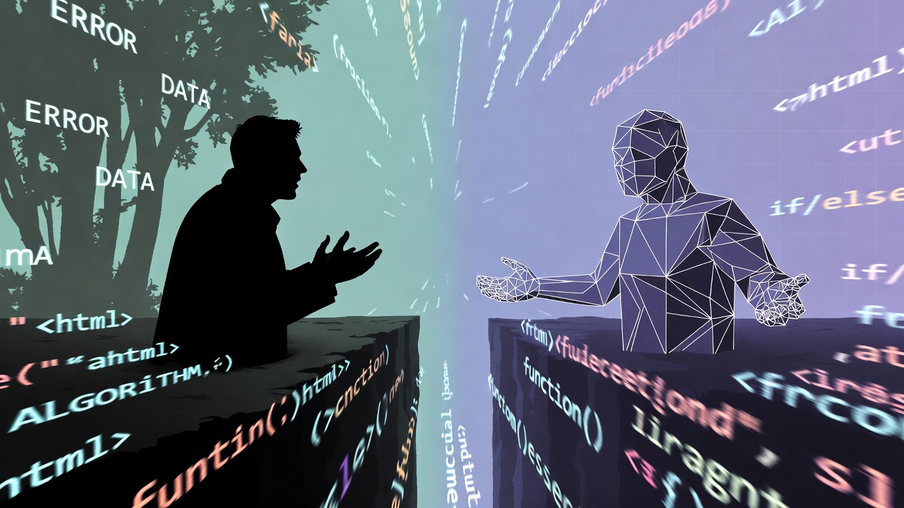 A human silhouette and AI wireframe figure facing each other across a chasm filled with ERROR, DATA, and ALGORITHM fragments, representing the intent gap between human meaning and machine execution